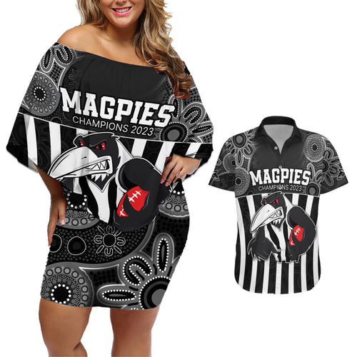 custom-afl-magpies-champions-2023-couples-matching-off-shoulder-short-dress-and-hawaiian-shirt-proud-collingwood-aboriginal-vibe