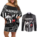 custom-afl-magpies-champions-2023-couples-matching-off-shoulder-short-dress-and-long-sleeve-button-shirts-proud-collingwood-aboriginal-vibe