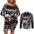 custom-afl-magpies-champions-2023-couples-matching-off-shoulder-short-dress-and-long-sleeve-button-shirts-proud-collingwood-aboriginal-vibe