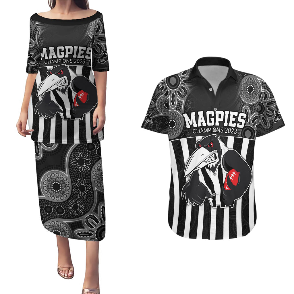 custom-afl-magpies-champions-2023-couples-matching-puletasi-dress-and-hawaiian-shirt-proud-collingwood-aboriginal-vibe