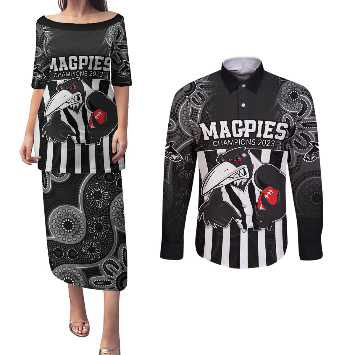 custom-afl-magpies-champions-2023-couples-matching-puletasi-dress-and-long-sleeve-button-shirts-proud-collingwood-aboriginal-vibe
