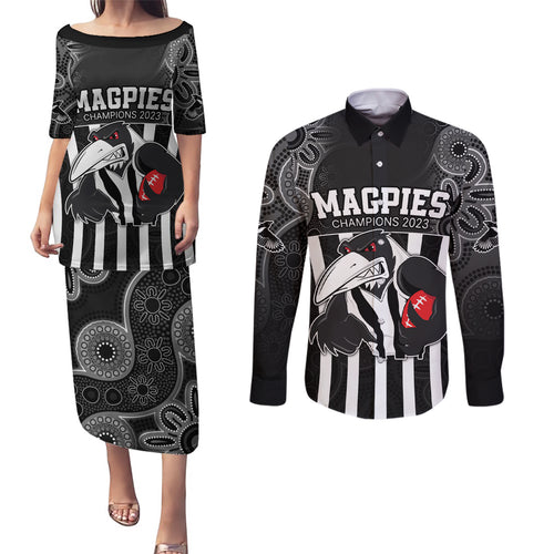 custom-afl-magpies-champions-2023-couples-matching-puletasi-dress-and-long-sleeve-button-shirts-proud-collingwood-aboriginal-vibe