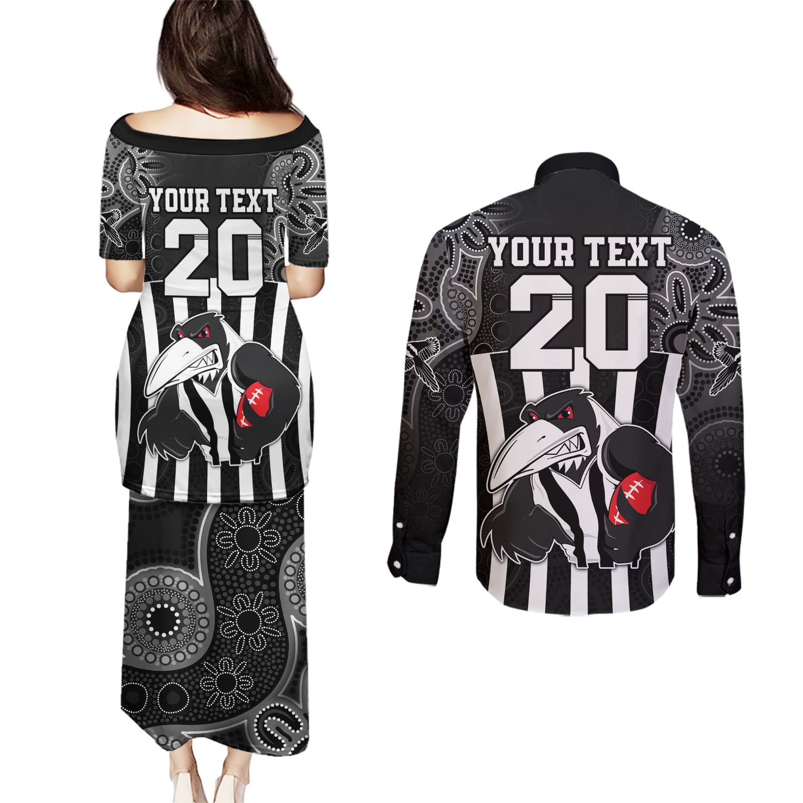 custom-afl-magpies-champions-2023-couples-matching-puletasi-dress-and-long-sleeve-button-shirts-proud-collingwood-aboriginal-vibe
