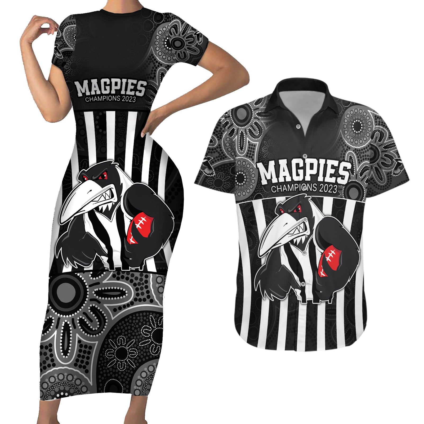 custom-afl-magpies-champions-2023-couples-matching-short-sleeve-bodycon-dress-and-hawaiian-shirt-proud-collingwood-aboriginal-vibe