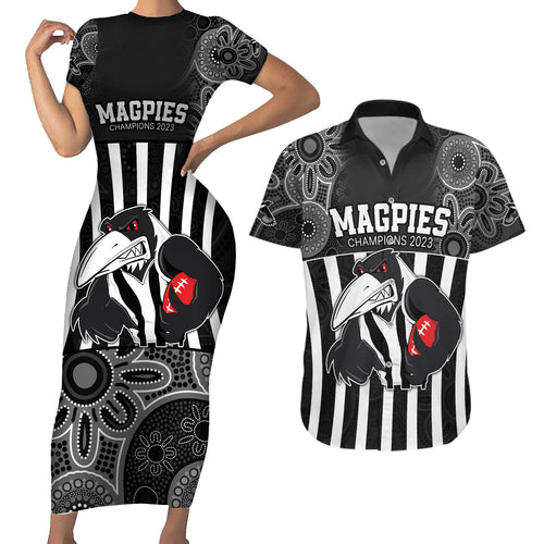 custom-afl-magpies-champions-2023-couples-matching-short-sleeve-bodycon-dress-and-hawaiian-shirt-proud-collingwood-aboriginal-vibe