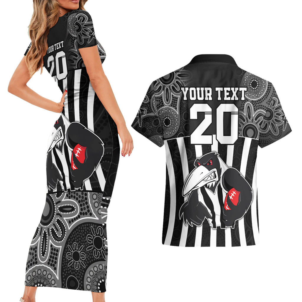 custom-afl-magpies-champions-2023-couples-matching-short-sleeve-bodycon-dress-and-hawaiian-shirt-proud-collingwood-aboriginal-vibe