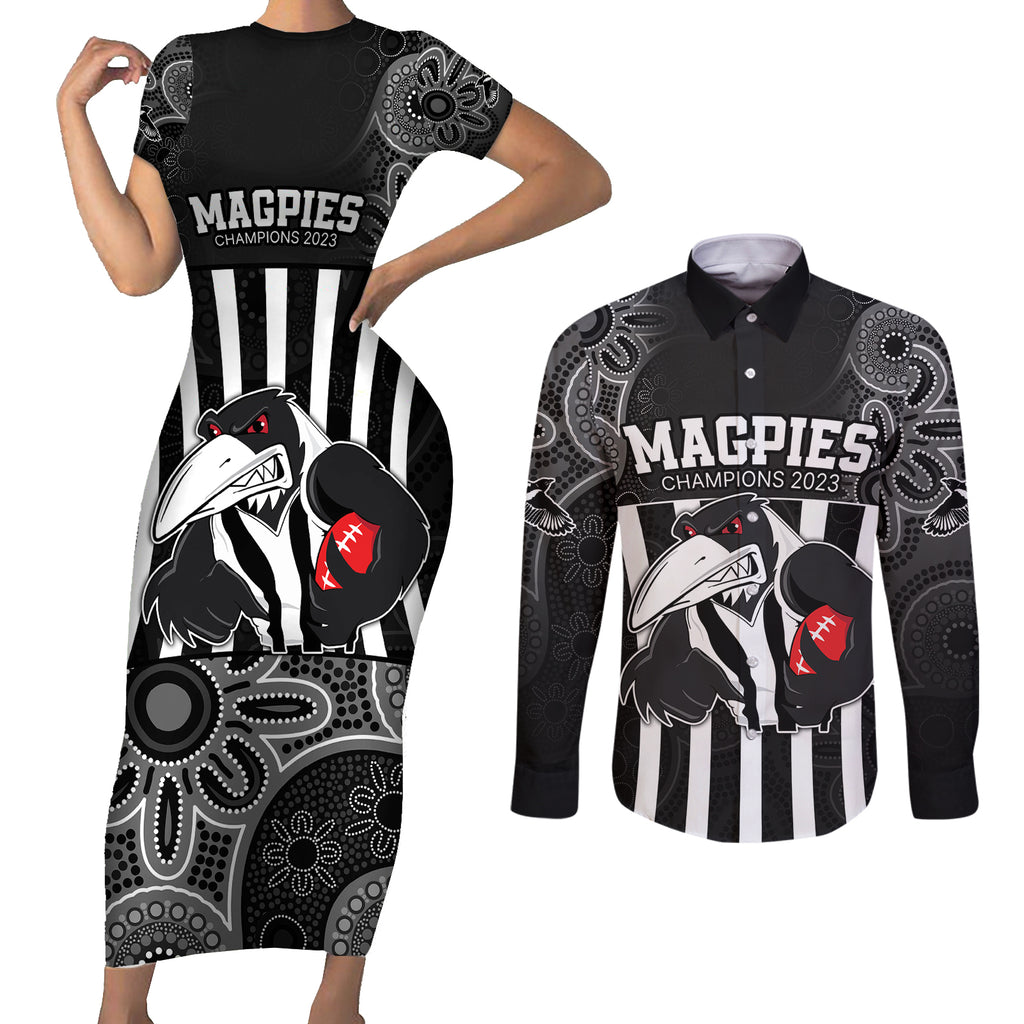 custom-afl-magpies-champions-2023-couples-matching-short-sleeve-bodycon-dress-and-long-sleeve-button-shirts-proud-collingwood-aboriginal-vibe