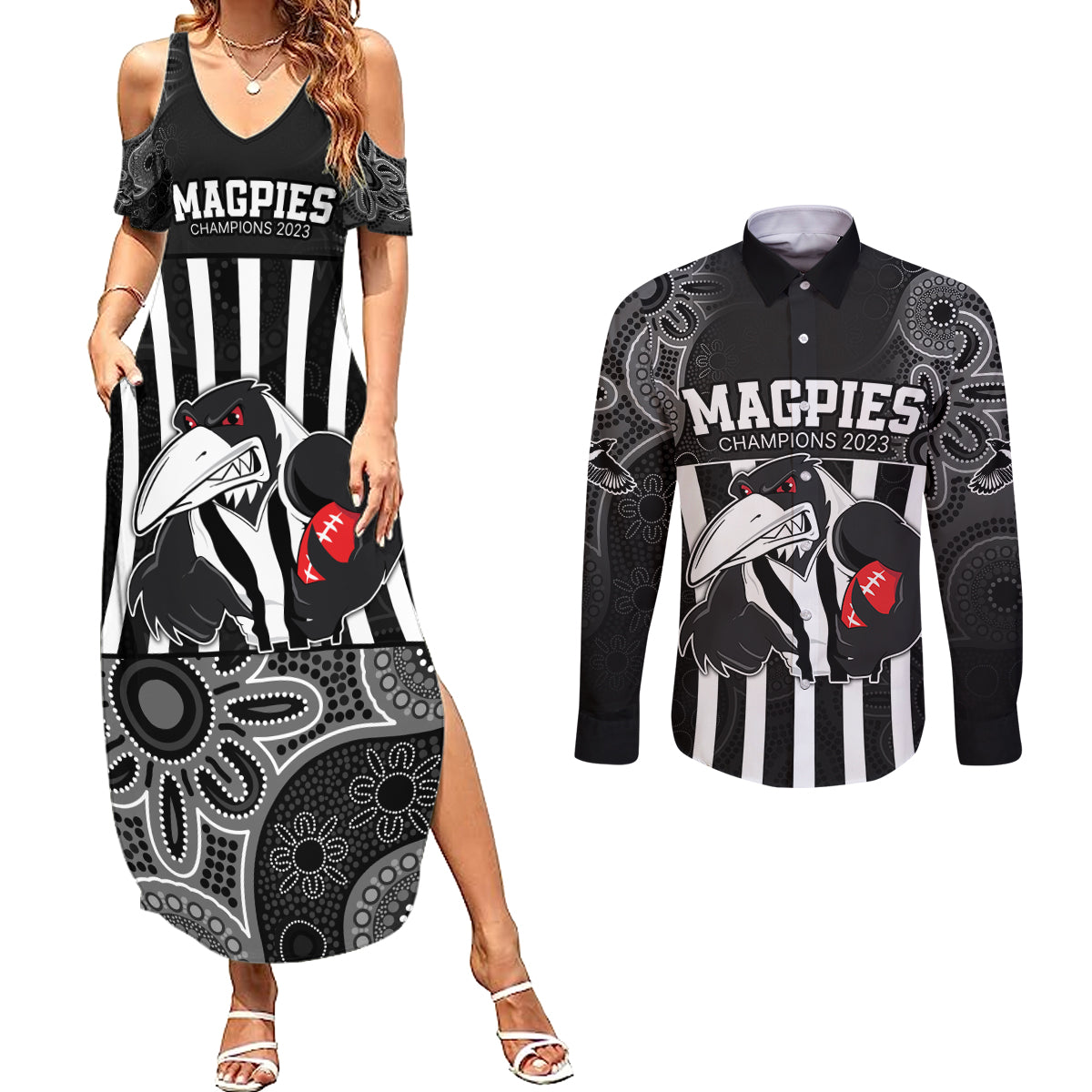 custom-afl-magpies-champions-2023-couples-matching-summer-maxi-dress-and-long-sleeve-button-shirts-proud-collingwood-aboriginal-vibe