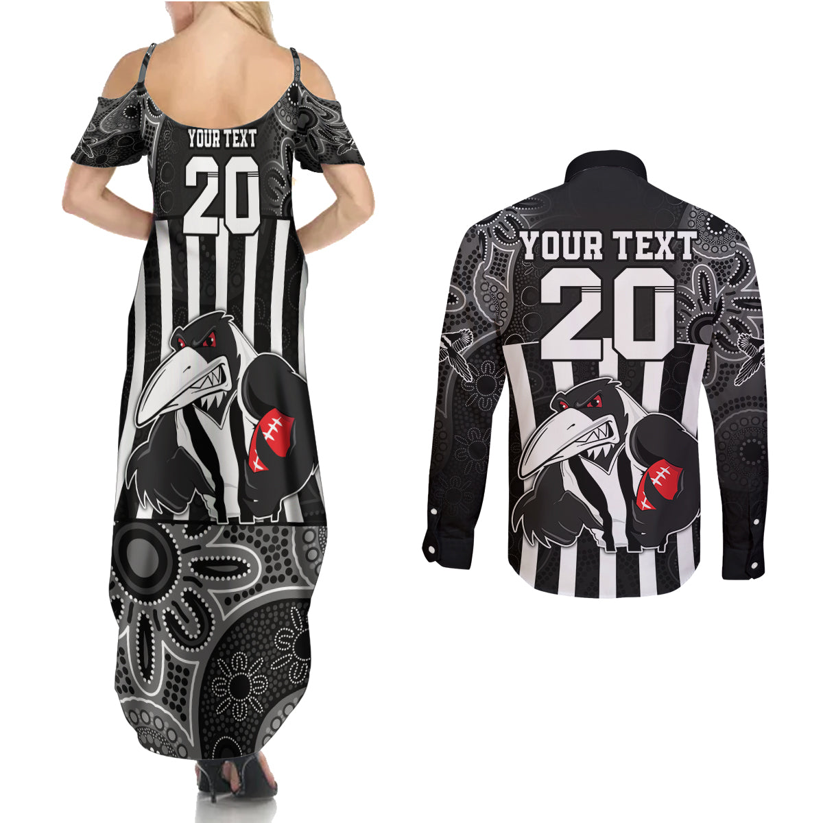 custom-afl-magpies-champions-2023-couples-matching-summer-maxi-dress-and-long-sleeve-button-shirts-proud-collingwood-aboriginal-vibe