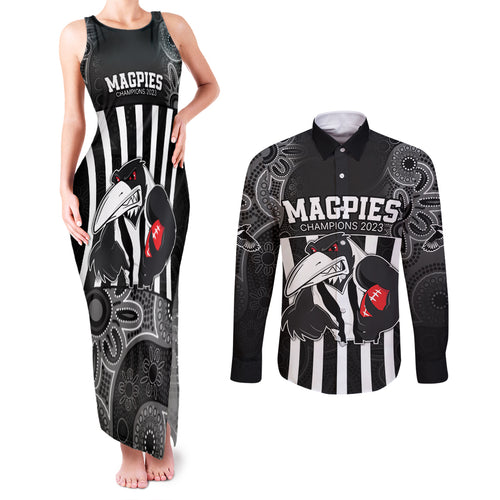 custom-afl-magpies-champions-2023-couples-matching-tank-maxi-dress-and-long-sleeve-button-shirts-proud-collingwood-aboriginal-vibe