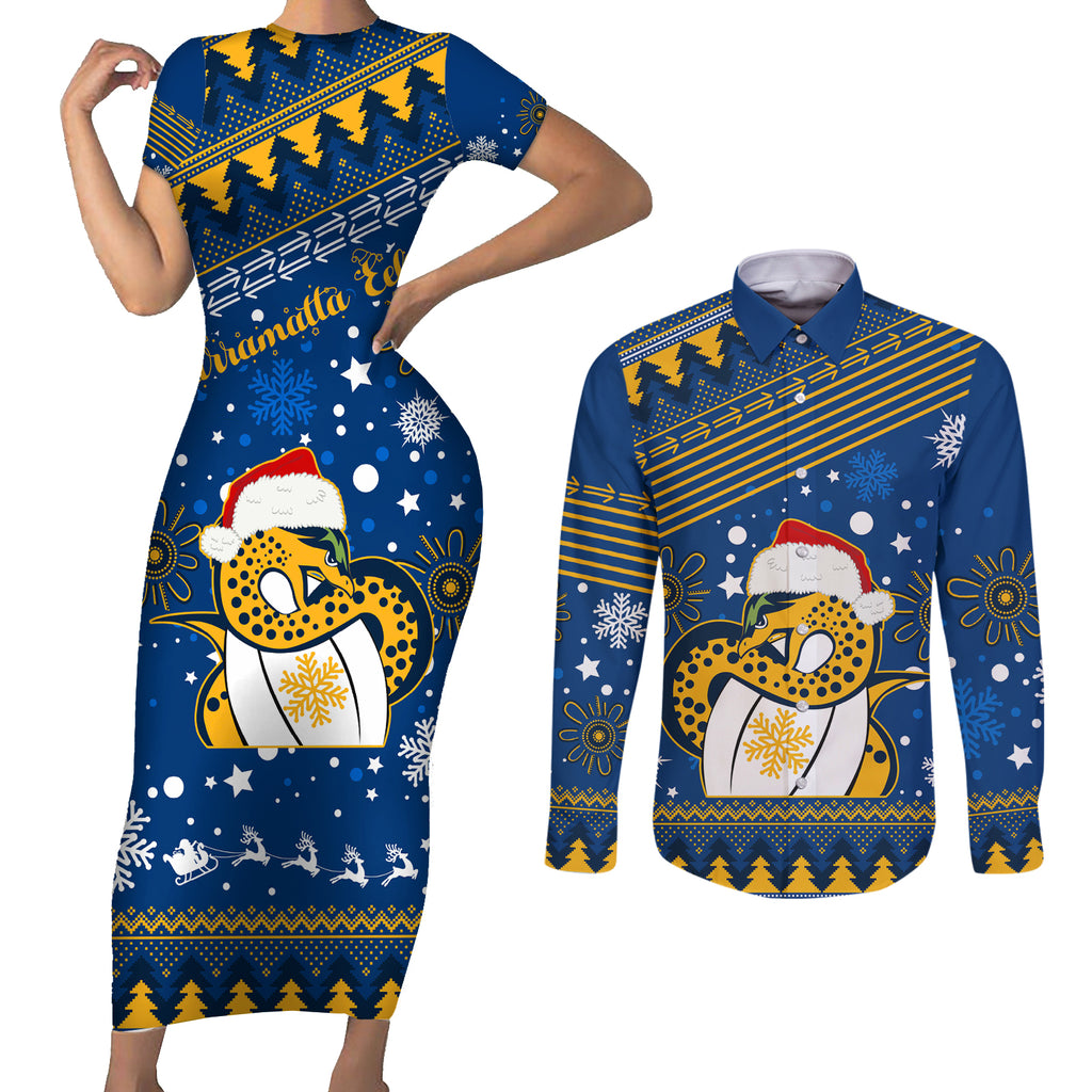 custom-eels-rugby-couples-matching-short-sleeve-bodycon-dress-and-long-sleeve-button-shirt-chirstmas-vibe-2023