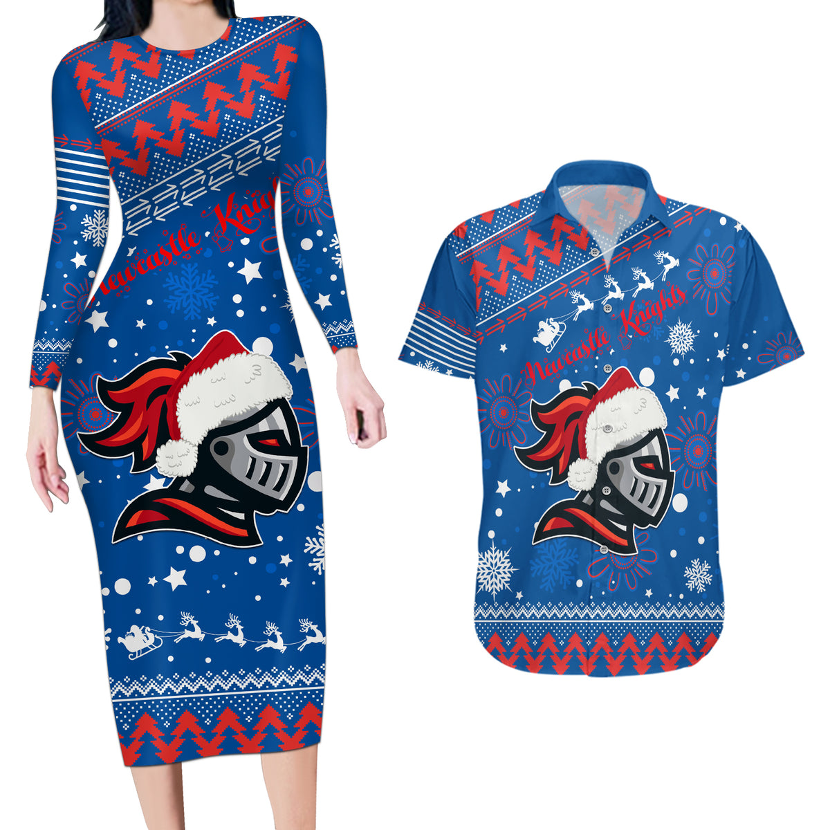 custom-knights-rugby-couples-matching-long-sleeve-bodycon-dress-and-hawaiian-shirt-chirstmas-vibe-2023