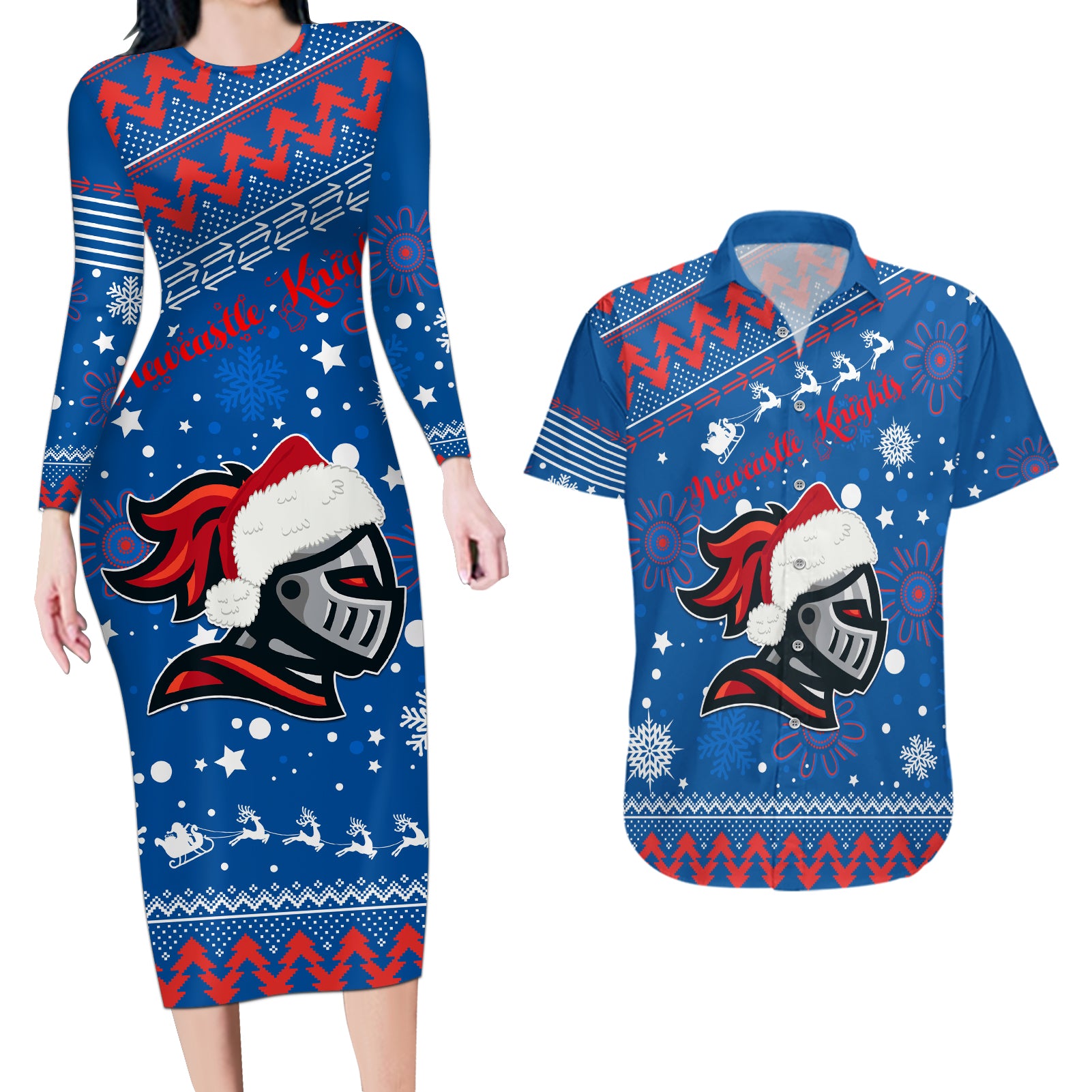 custom-knights-rugby-couples-matching-long-sleeve-bodycon-dress-and-hawaiian-shirt-chirstmas-vibe-2023