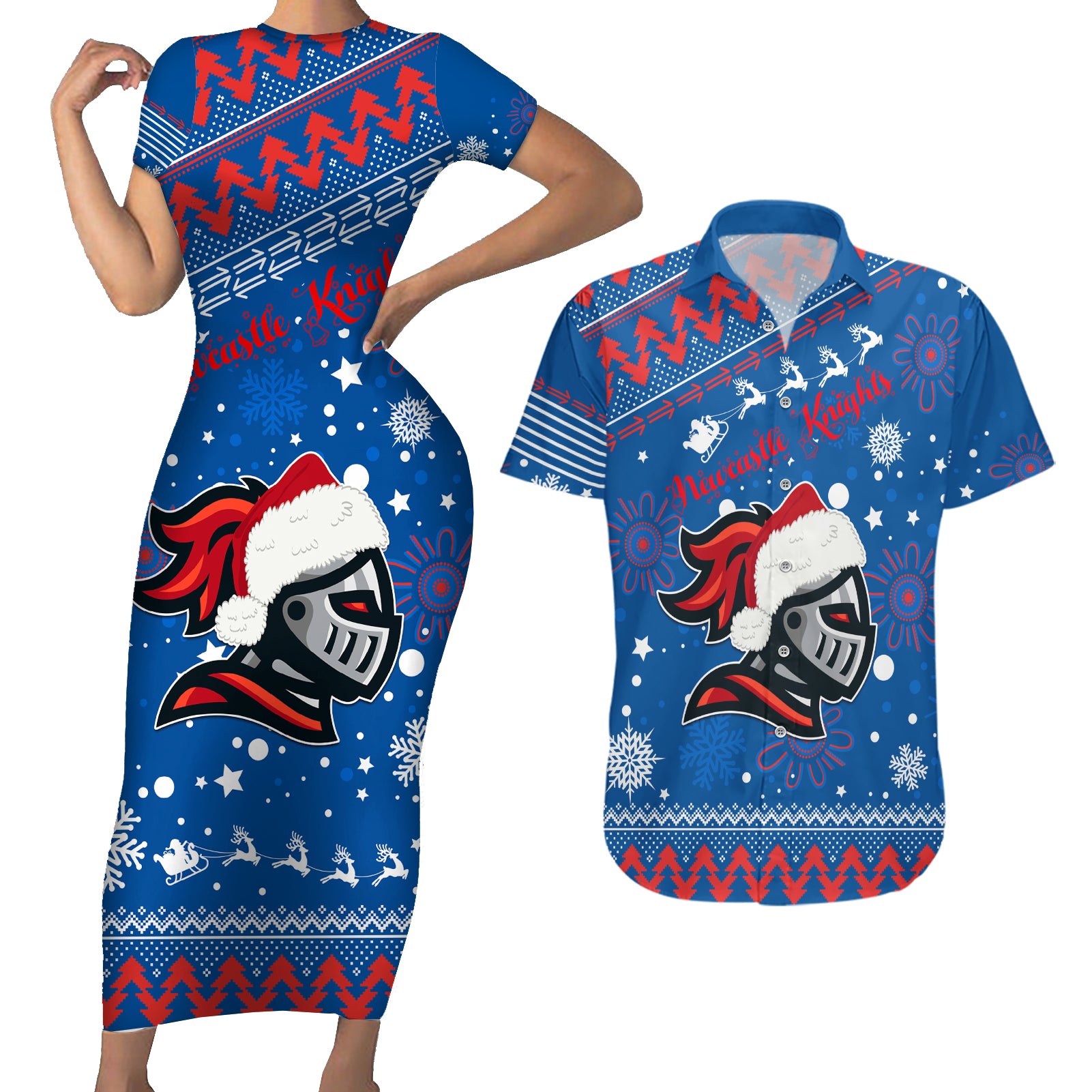 custom-knights-rugby-couples-matching-short-sleeve-bodycon-dress-and-hawaiian-shirt-chirstmas-vibe-2023