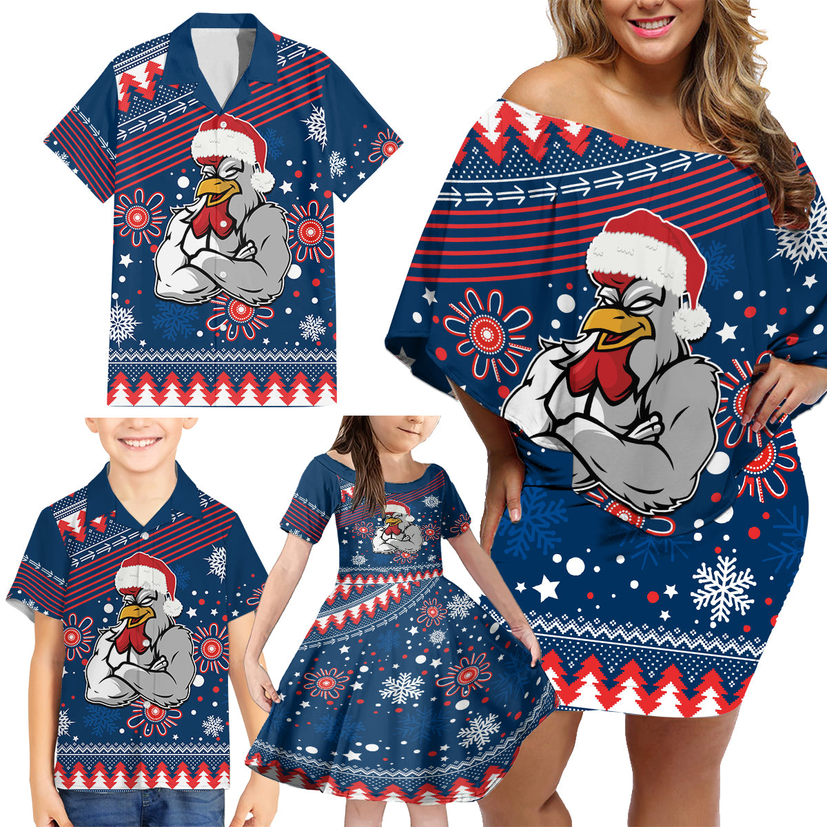 custom-roosters-rugby-family-matching-off-shoulder-short-dress-and-hawaiian-shirt-chirstmas-vibe-2023