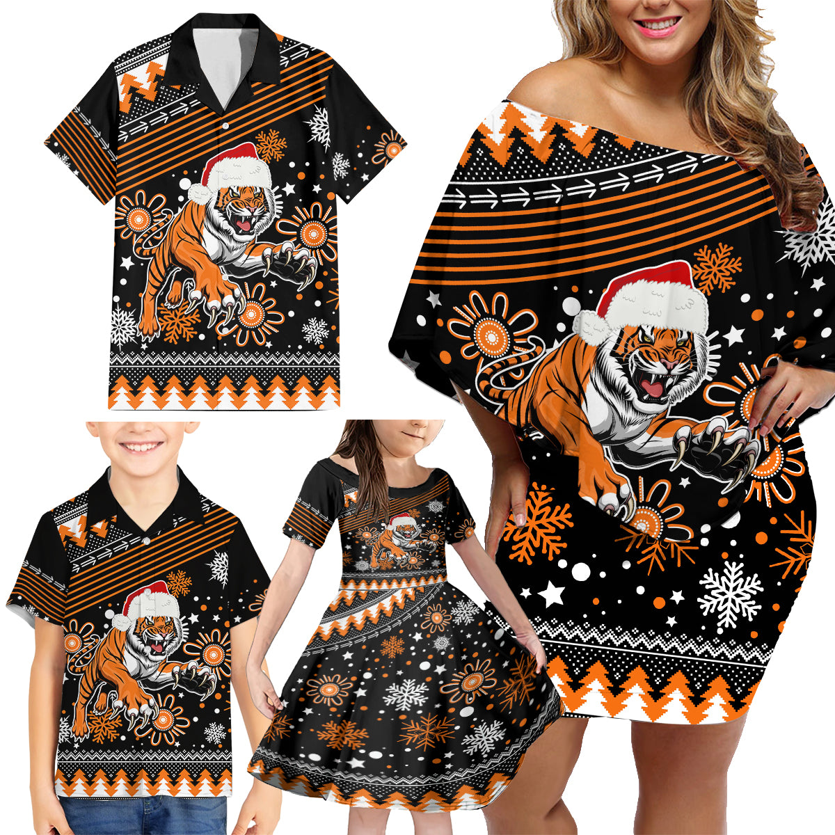 custom-tigers-rugby-family-matching-off-shoulder-short-dress-and-hawaiian-shirt-chirstmas-vibe-2023