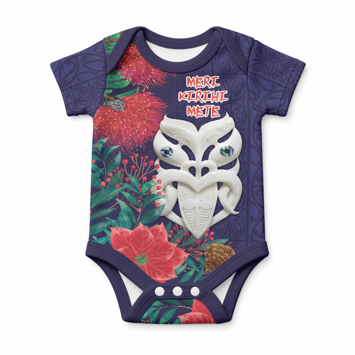 Maori Wheku Meri Kirihimete Personalised Baby Onesie All Blue Indigenous Maori Motif
