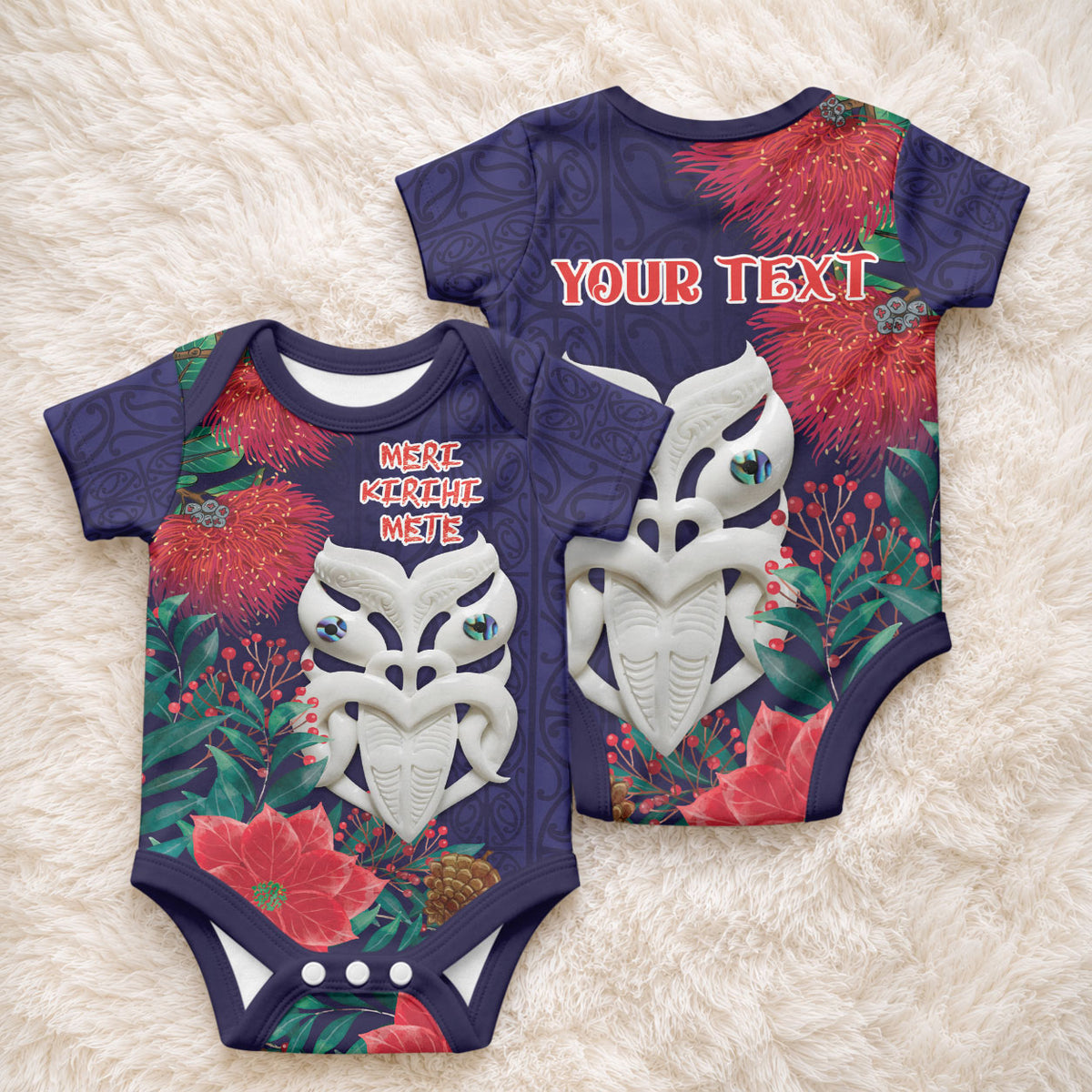 Maori Wheku Meri Kirihimete Personalised Baby Onesie All Blue Indigenous Maori Motif