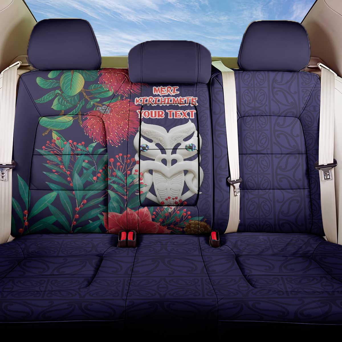 Maori Wheku Meri Kirihimete Personalised Back Car Seat Cover All Blue Indigenous Maori Motif - Aussie Hoodie