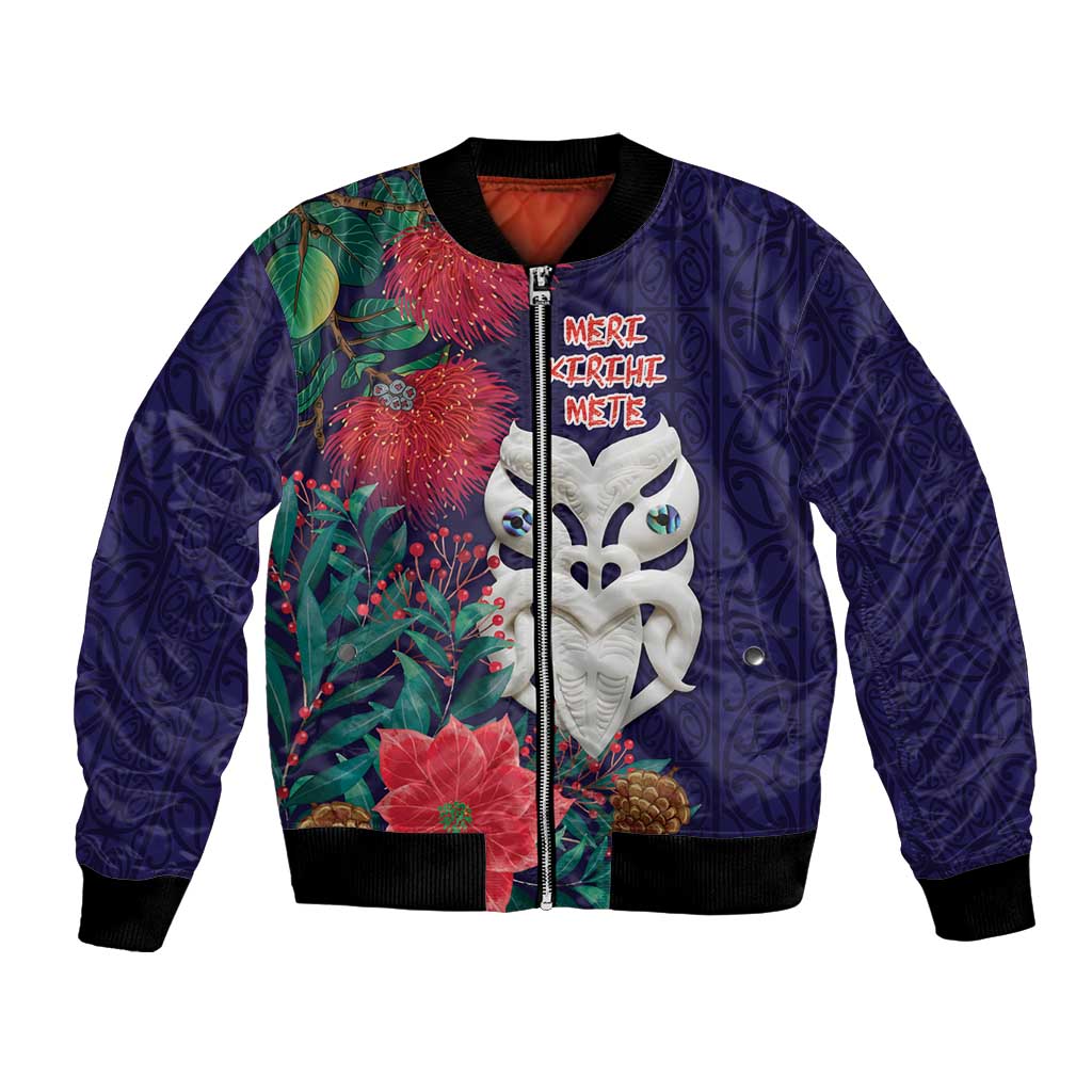 Maori Wheku Meri Kirihimete Personalised Bomber Jacket All Blue Indigenous Maori Motif - Aussie Hoodie