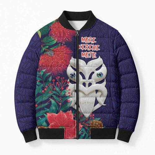 Maori Wheku Meri Kirihimete Personalised Bomber Puffer Jacket All Blue Indigenous Maori Motif - Aussie Hoodie