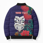 Maori Wheku Meri Kirihimete Personalised Bomber Puffer Jacket All Blue Indigenous Maori Motif - Aussie Hoodie
