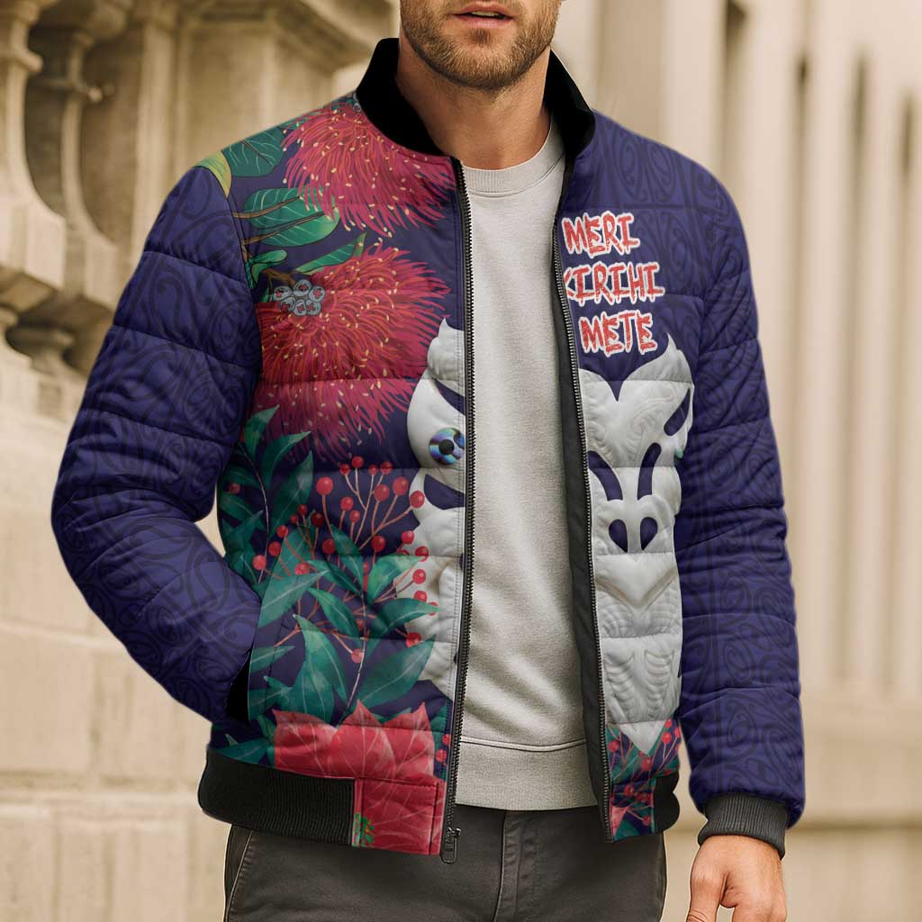 Maori Wheku Meri Kirihimete Personalised Bomber Puffer Jacket All Blue Indigenous Maori Motif - Aussie Hoodie
