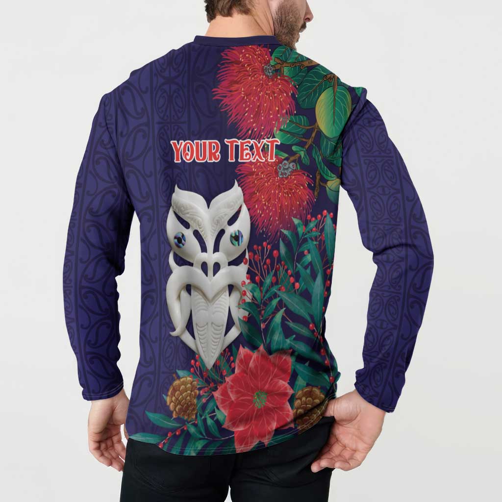 Maori Wheku Meri Kirihimete Personalised Button Sweatshirt All Blue Indigenous Maori Motif - Aussie Hoodie