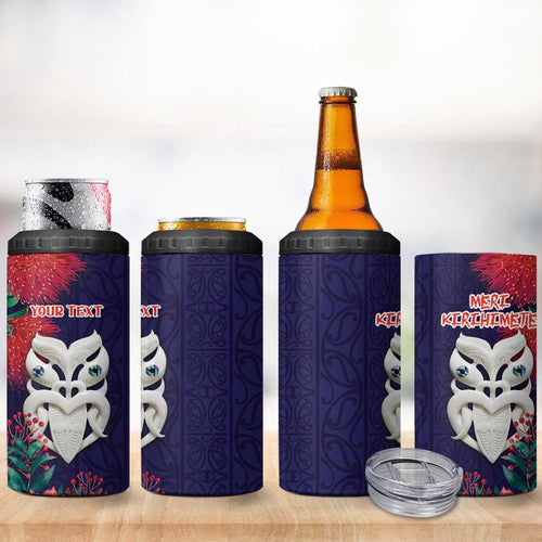 Maori Wheku Meri Kirihimete Personalised 4 in 1 Can Cooler Tumbler All Blue Indigenous Maori Motif - Aussie Hoodie