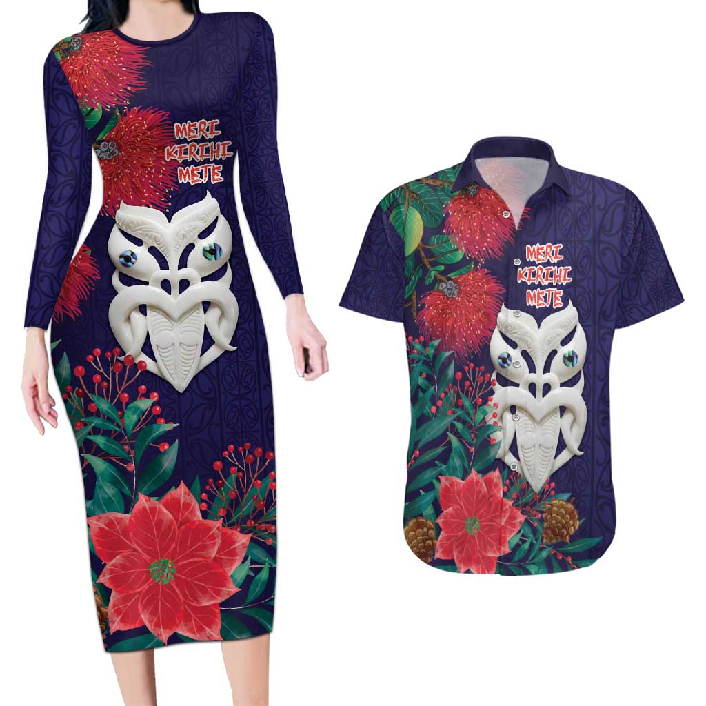 Maori Wheku Meri Kirihimete Personalised Couples Matching Long Sleeve Bodycon Dress and Hawaiian Shirt All Blue Indigenous Maori Motif - Aussie Hoodie