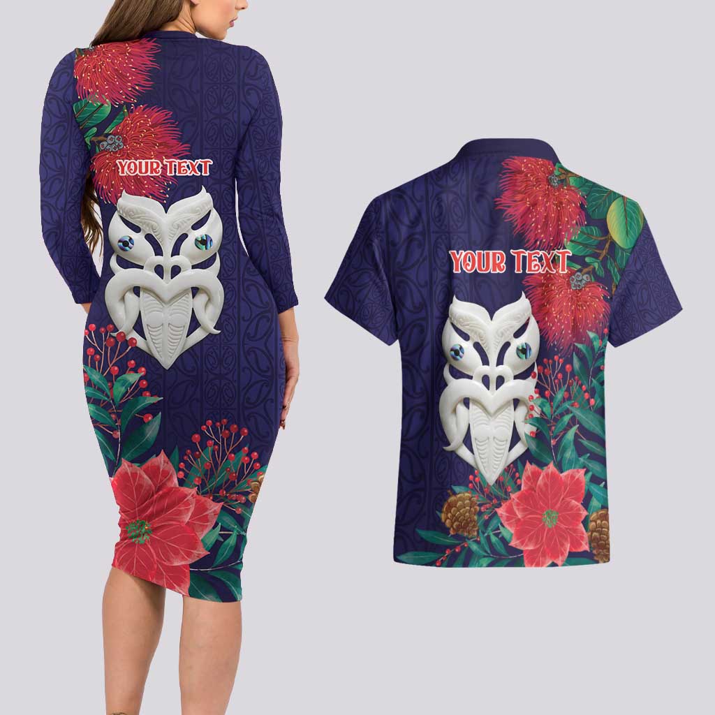 Maori Wheku Meri Kirihimete Personalised Couples Matching Long Sleeve Bodycon Dress and Hawaiian Shirt All Blue Indigenous Maori Motif - Aussie Hoodie