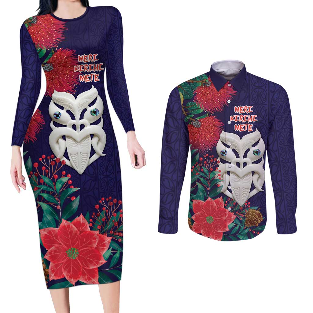 Maori Wheku Meri Kirihimete Personalised Couples Matching Long Sleeve Bodycon Dress and Long Sleeve Button Shirt All Blue Indigenous Maori Motif - Aussie Hoodie