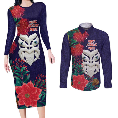 Maori Wheku Meri Kirihimete Personalised Couples Matching Long Sleeve Bodycon Dress and Long Sleeve Button Shirt All Blue Indigenous Maori Motif - Aussie Hoodie