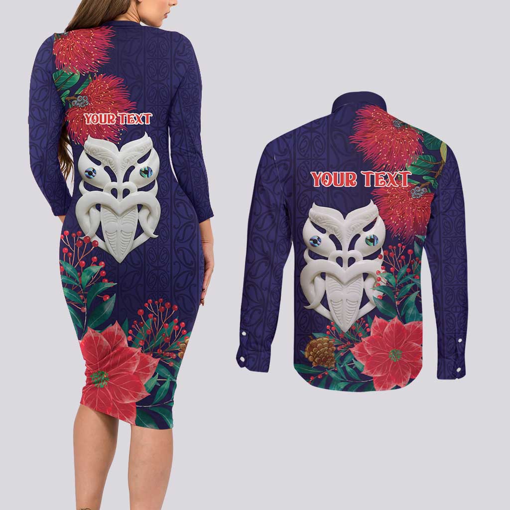 Maori Wheku Meri Kirihimete Personalised Couples Matching Long Sleeve Bodycon Dress and Long Sleeve Button Shirt All Blue Indigenous Maori Motif - Aussie Hoodie