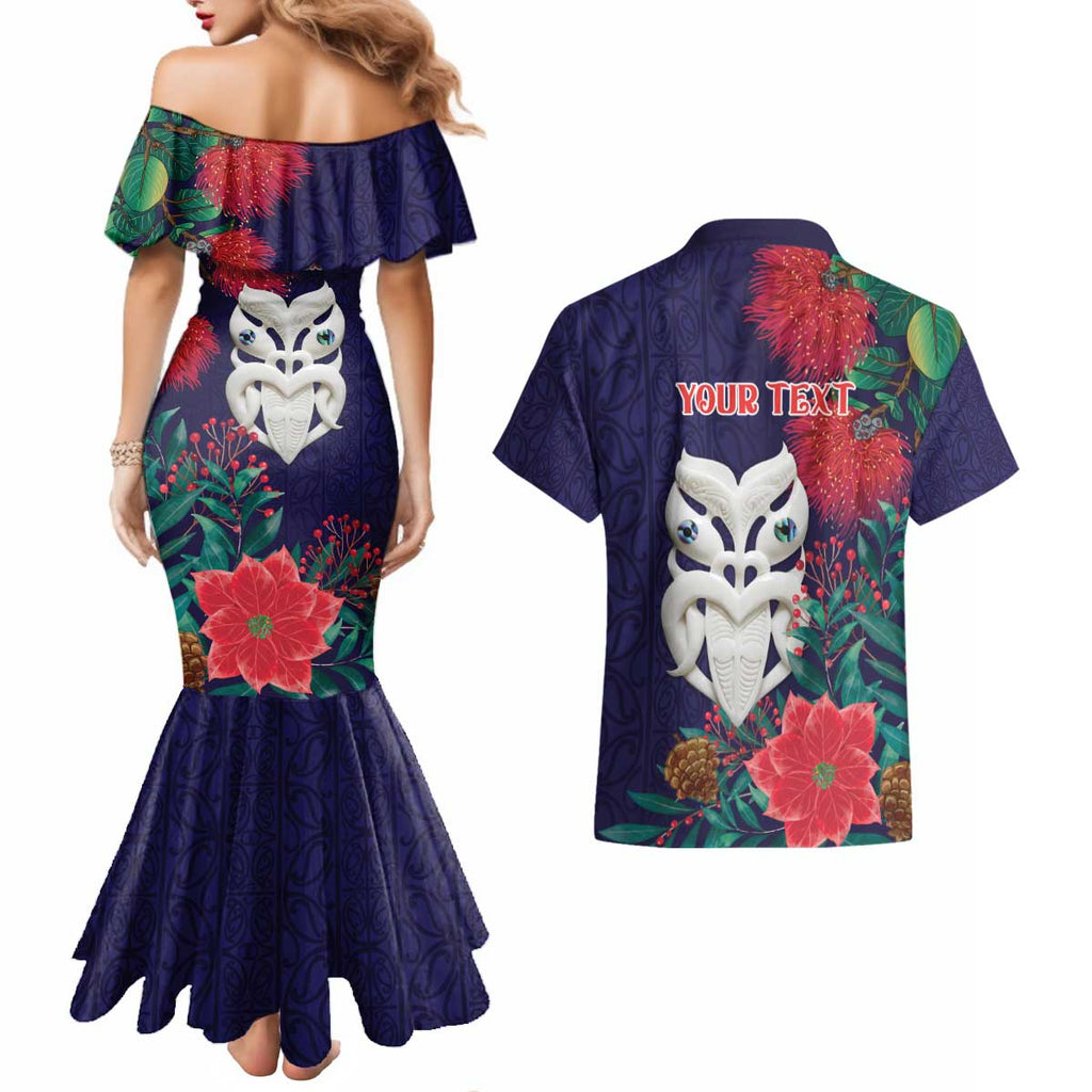 Maori Wheku Meri Kirihimete Personalised Couples Matching Mermaid Dress and Hawaiian Shirt All Blue Indigenous Maori Motif - Aussie Hoodie