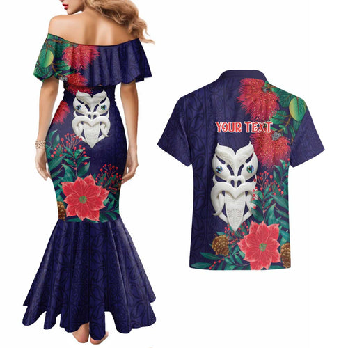 Maori Wheku Meri Kirihimete Personalised Couples Matching Mermaid Dress and Hawaiian Shirt All Blue Indigenous Maori Motif - Aussie Hoodie
