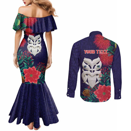 Maori Wheku Meri Kirihimete Personalised Couples Matching Mermaid Dress and Long Sleeve Button Shirt All Blue Indigenous Maori Motif - Aussie Hoodie