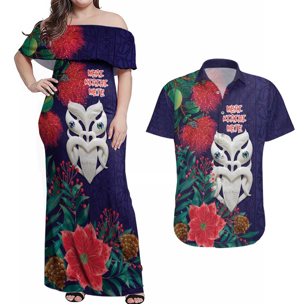 Maori Wheku Meri Kirihimete Personalised Couples Matching Off Shoulder Maxi Dress and Hawaiian Shirt All Blue Indigenous Maori Motif - Aussie Hoodie