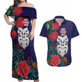 Maori Wheku Meri Kirihimete Personalised Couples Matching Off Shoulder Maxi Dress and Hawaiian Shirt All Blue Indigenous Maori Motif - Aussie Hoodie