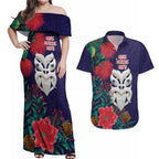 Maori Wheku Meri Kirihimete Personalised Couples Matching Off Shoulder Maxi Dress and Hawaiian Shirt All Blue Indigenous Maori Motif - Aussie Hoodie