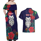 Maori Wheku Meri Kirihimete Personalised Couples Matching Off Shoulder Maxi Dress and Hawaiian Shirt All Blue Indigenous Maori Motif - Aussie Hoodie