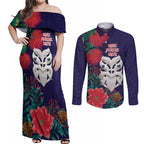 Maori Wheku Meri Kirihimete Personalised Couples Matching Off Shoulder Maxi Dress and Long Sleeve Button Shirt All Blue Indigenous Maori Motif - Aussie Hoodie
