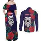 Maori Wheku Meri Kirihimete Personalised Couples Matching Off Shoulder Maxi Dress and Long Sleeve Button Shirt All Blue Indigenous Maori Motif - Aussie Hoodie