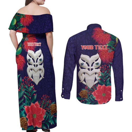Maori Wheku Meri Kirihimete Personalised Couples Matching Off Shoulder Maxi Dress and Long Sleeve Button Shirt All Blue Indigenous Maori Motif - Aussie Hoodie