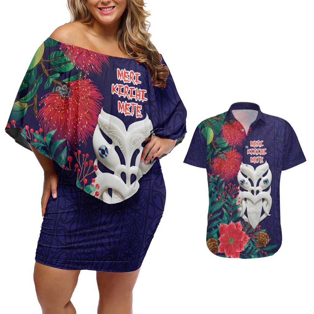 Maori Wheku Meri Kirihimete Personalised Couples Matching Off Shoulder Short Dress and Hawaiian Shirt All Blue Indigenous Maori Motif - Aussie Hoodie