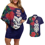 Maori Wheku Meri Kirihimete Personalised Couples Matching Off Shoulder Short Dress and Hawaiian Shirt All Blue Indigenous Maori Motif - Aussie Hoodie