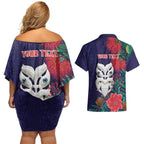 Maori Wheku Meri Kirihimete Personalised Couples Matching Off Shoulder Short Dress and Hawaiian Shirt All Blue Indigenous Maori Motif - Aussie Hoodie