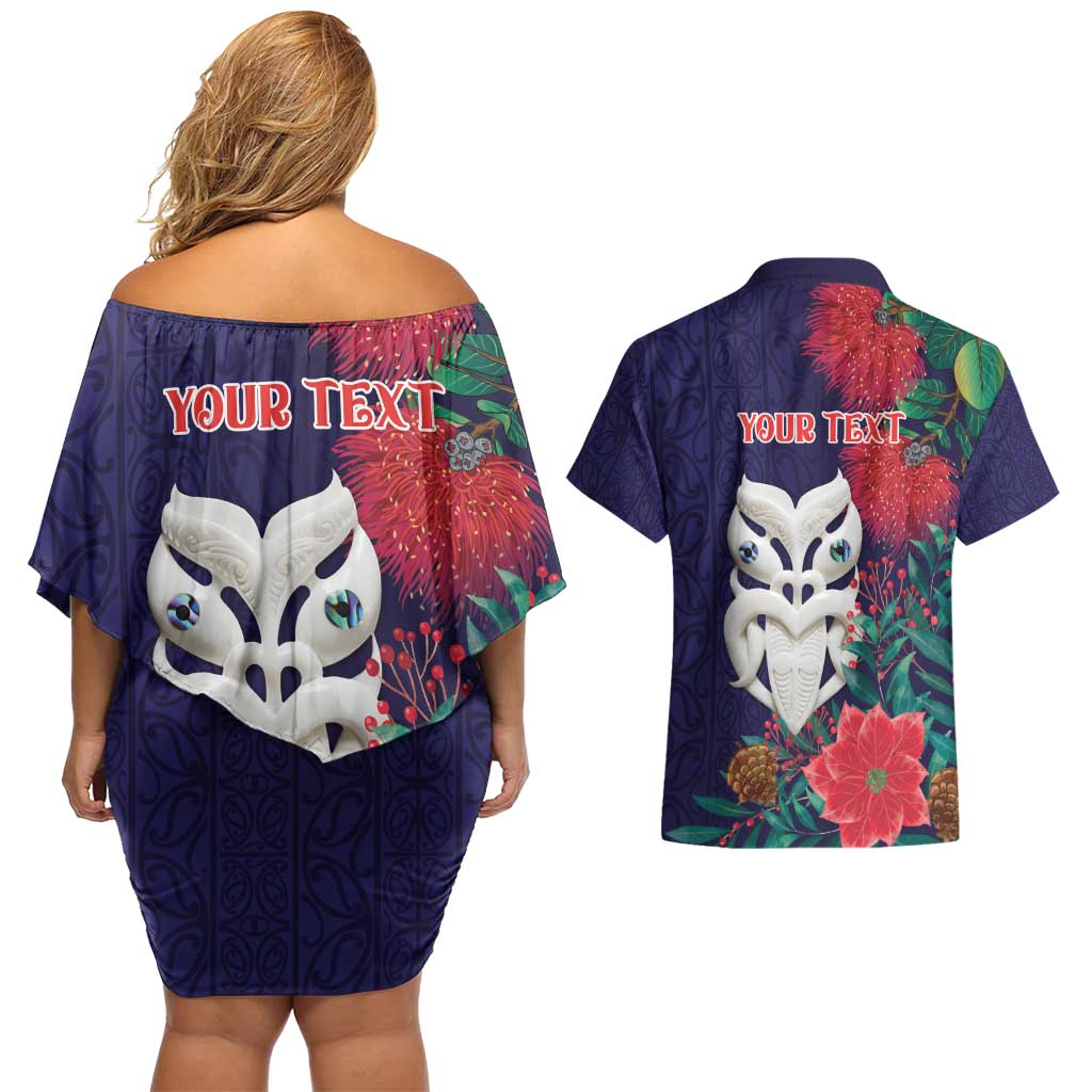 Maori Wheku Meri Kirihimete Personalised Couples Matching Off Shoulder Short Dress and Hawaiian Shirt All Blue Indigenous Maori Motif - Aussie Hoodie
