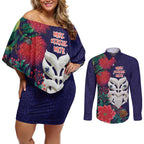 Maori Wheku Meri Kirihimete Personalised Couples Matching Off Shoulder Short Dress and Long Sleeve Button Shirt All Blue Indigenous Maori Motif - Aussie Hoodie
