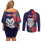 Maori Wheku Meri Kirihimete Personalised Couples Matching Off Shoulder Short Dress and Long Sleeve Button Shirt All Blue Indigenous Maori Motif - Aussie Hoodie